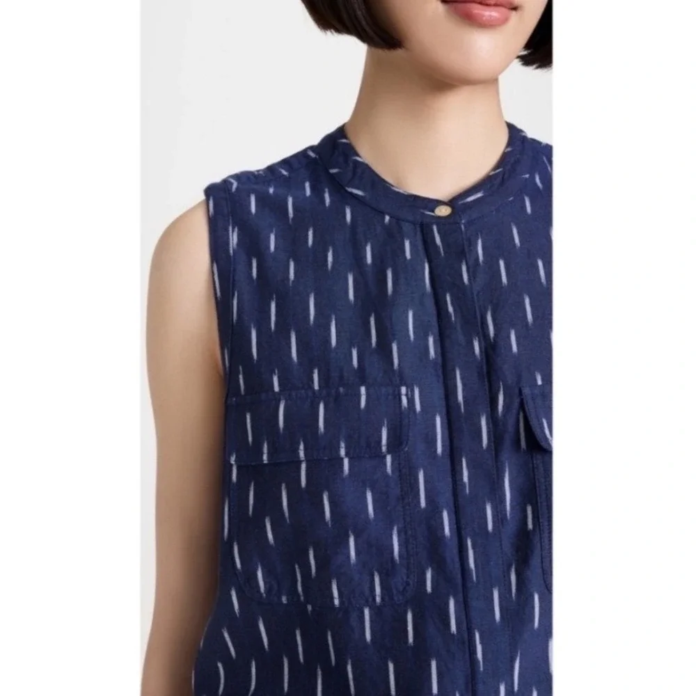 Faherty‎ Women XS Blue Ikat Print Sleeveless Linen Midi Dress Drawstring Waist - Picture 3 of 16